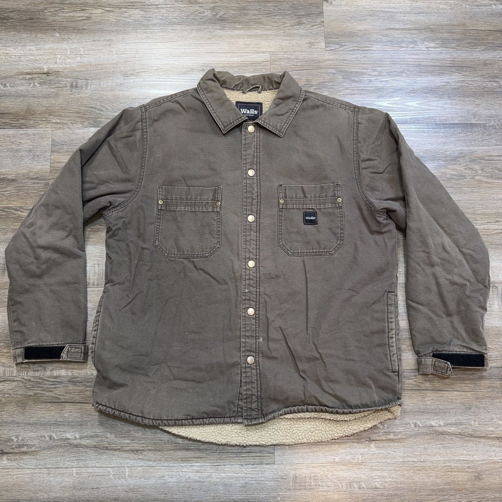 VTG Walls Workwear Sherpa-Lined Snap-Button Shirt Jacket Mens Large Washed Brown
